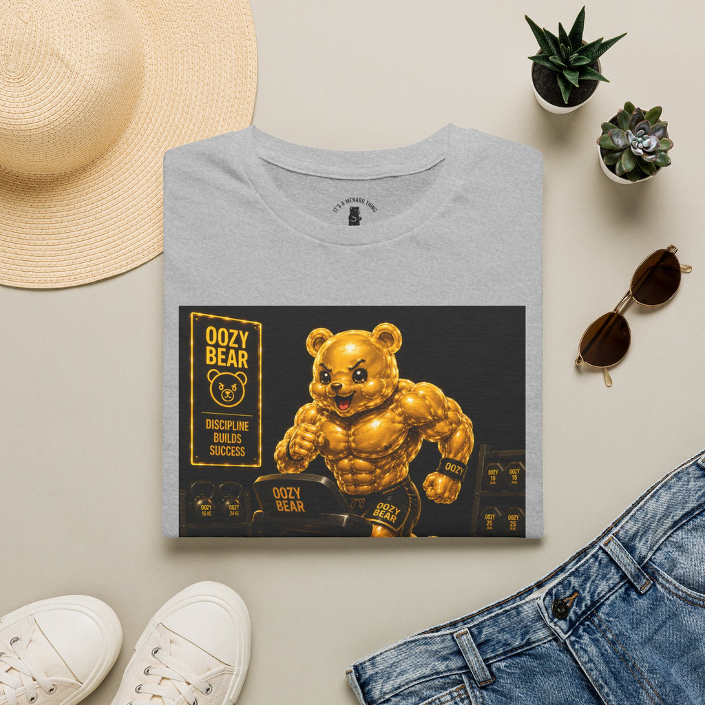 Running The Treadmill, Golden Yellow Oozy Buff Bear Workout- Adult Graphic Shirt