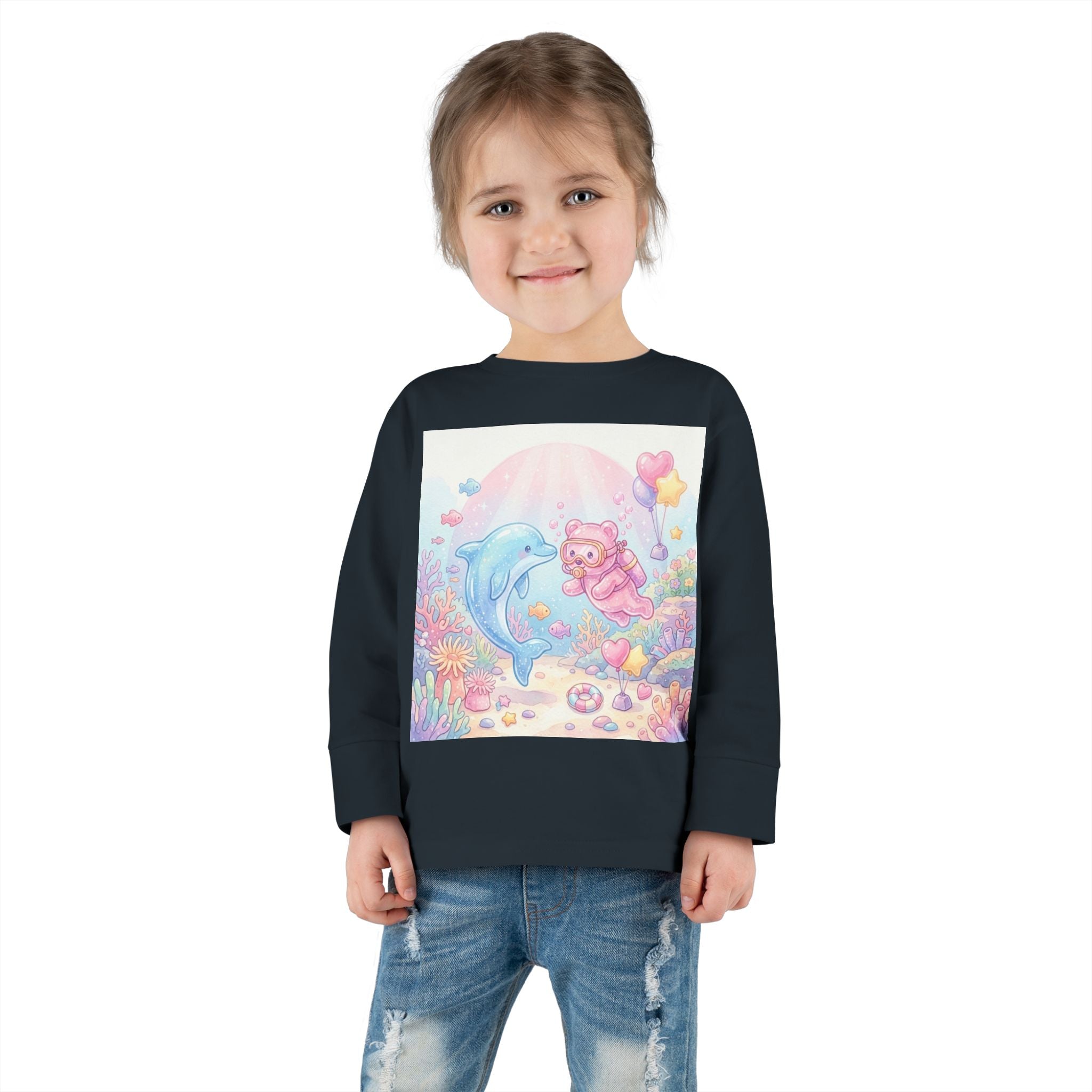 Cute Dolphin & Scuba Oozy Bear Pastel Underwater Friends- Graphic Long Sleeve Shirt