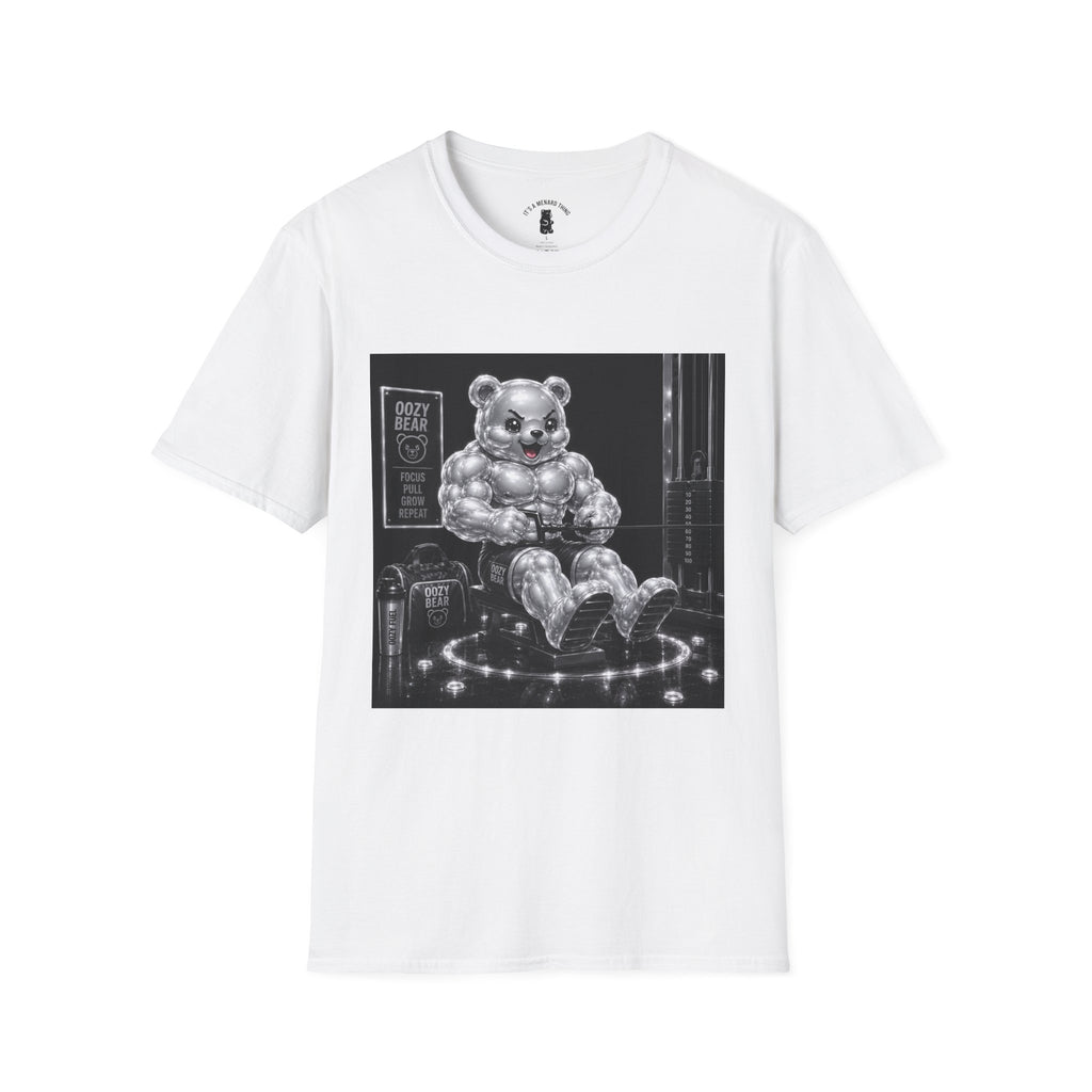 Working on the Bench, Silver Oozy Buff Bear Gummy Gym Addition- Adult Graphic Shirt