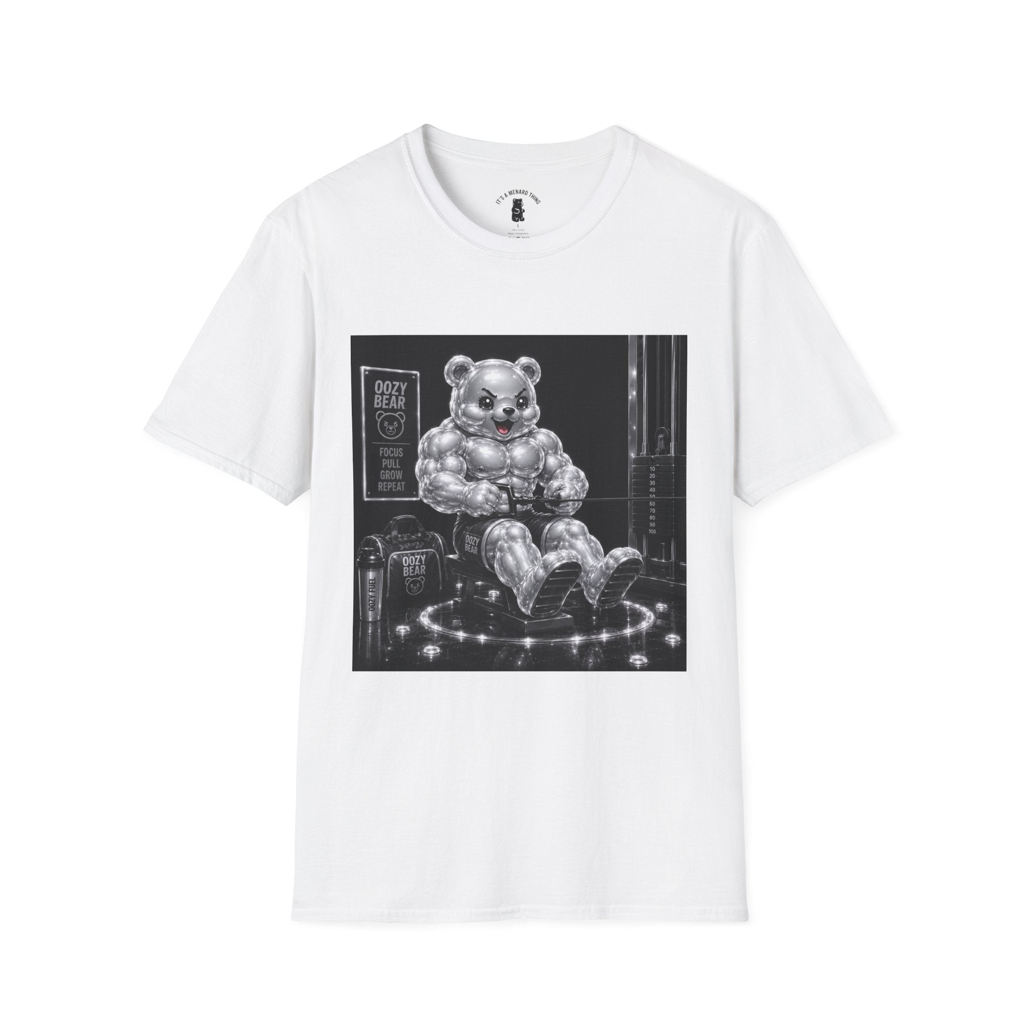 Working on the Bench, Silver Oozy Buff Bear Gummy Gym Addition- Adult Graphic Shirt