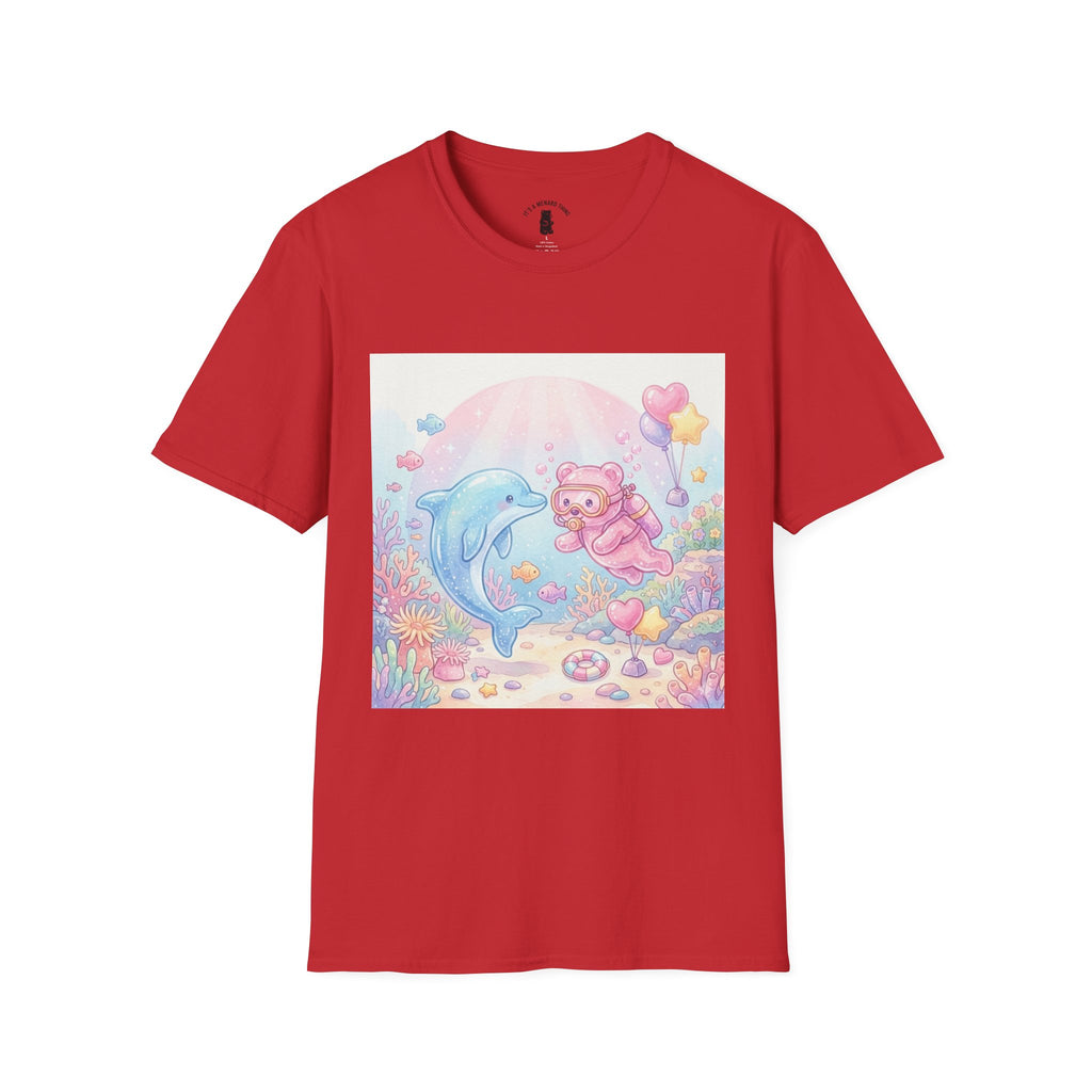 Scuba Diving with Dolphin Friend, Pink Gooey Gummy Bear- Kawaii Graphic T-Shirt