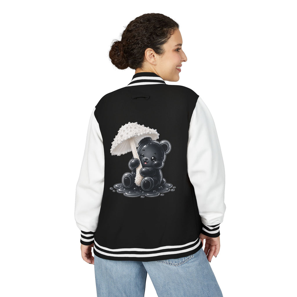 White Mushroom Umbrella, Black Gooey Gummy Bear — Kawaii Graphic Varsity Jacket
