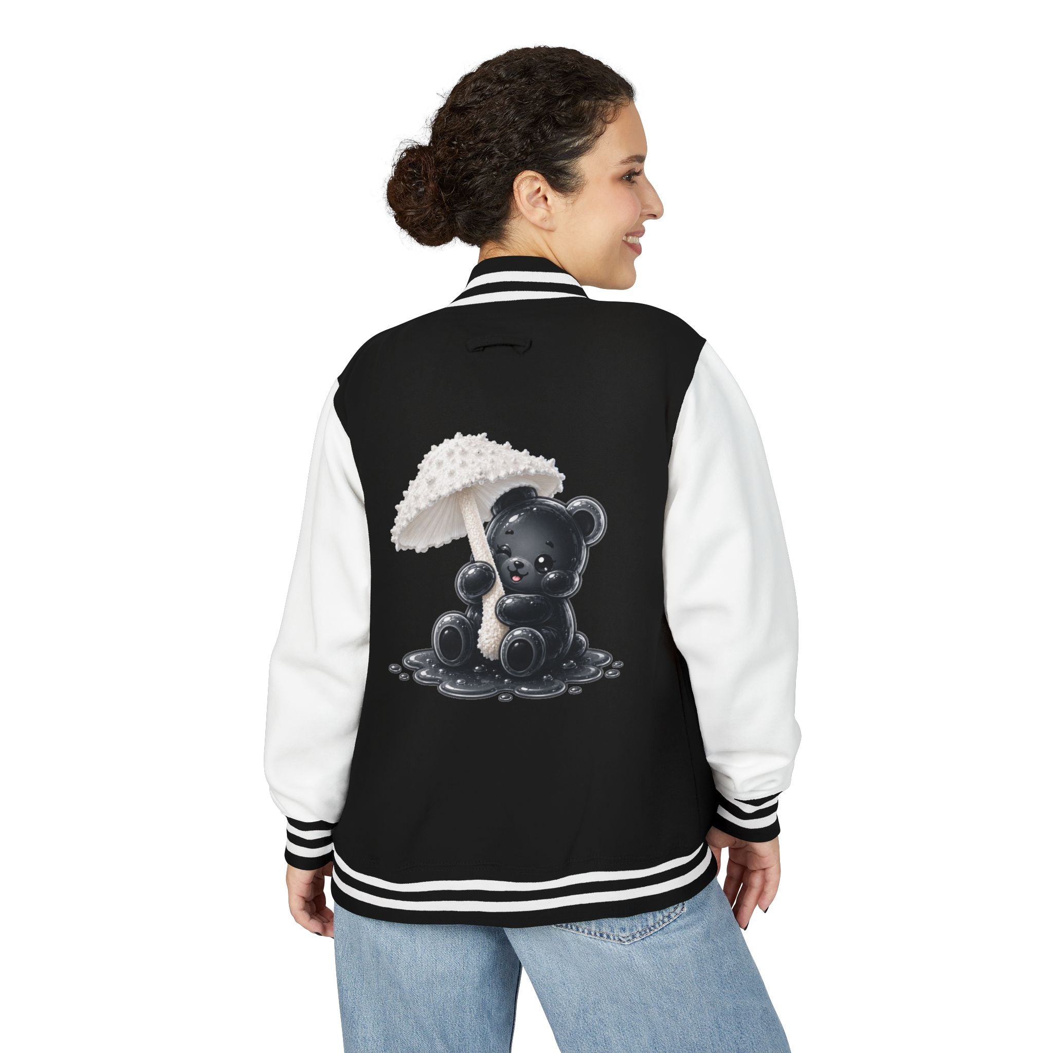 White Mushroom Umbrella, Black Gooey Gummy Bear — Kawaii Graphic Varsity Jacket