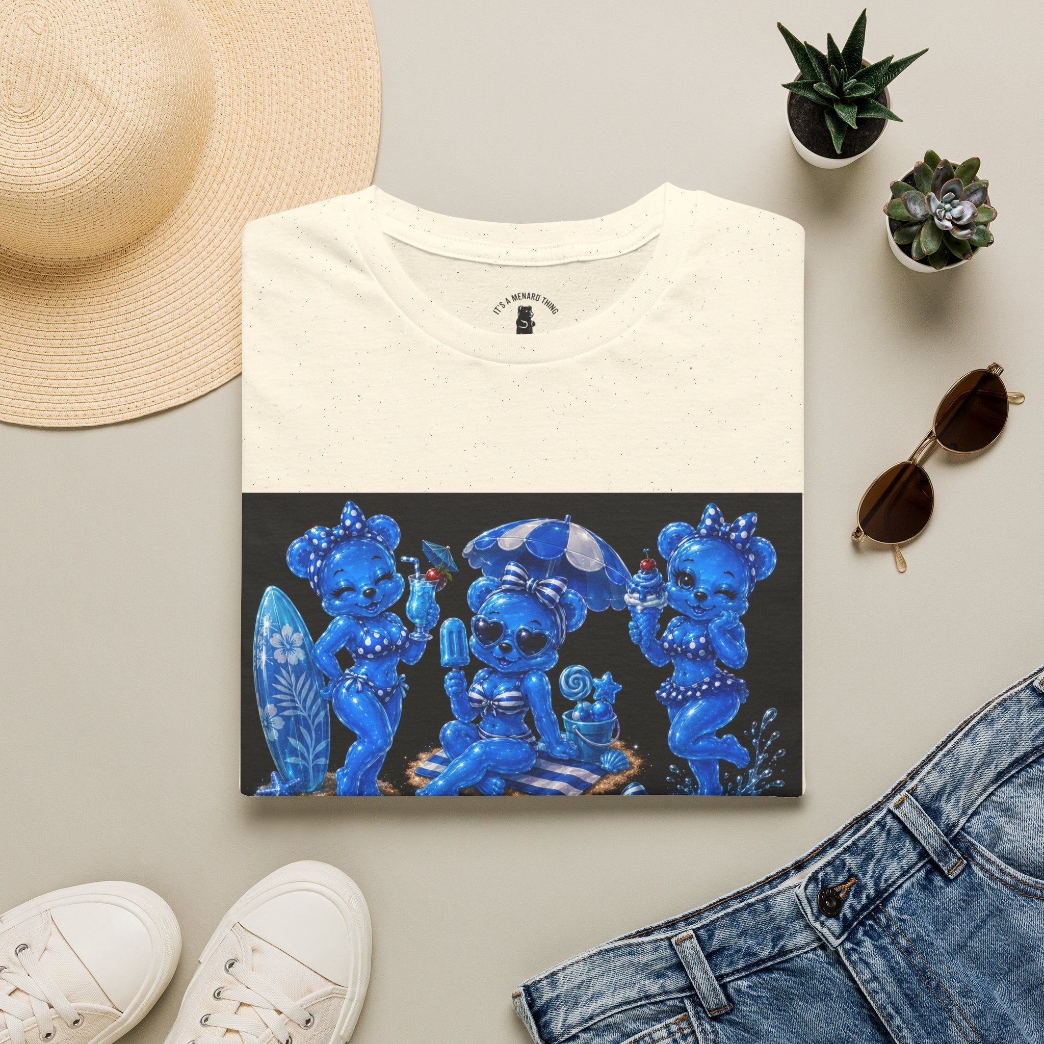 Retro Kawaii Blue Oozy Bear Pin Up Beach Babe- Adult Graphic Shirt (18+)