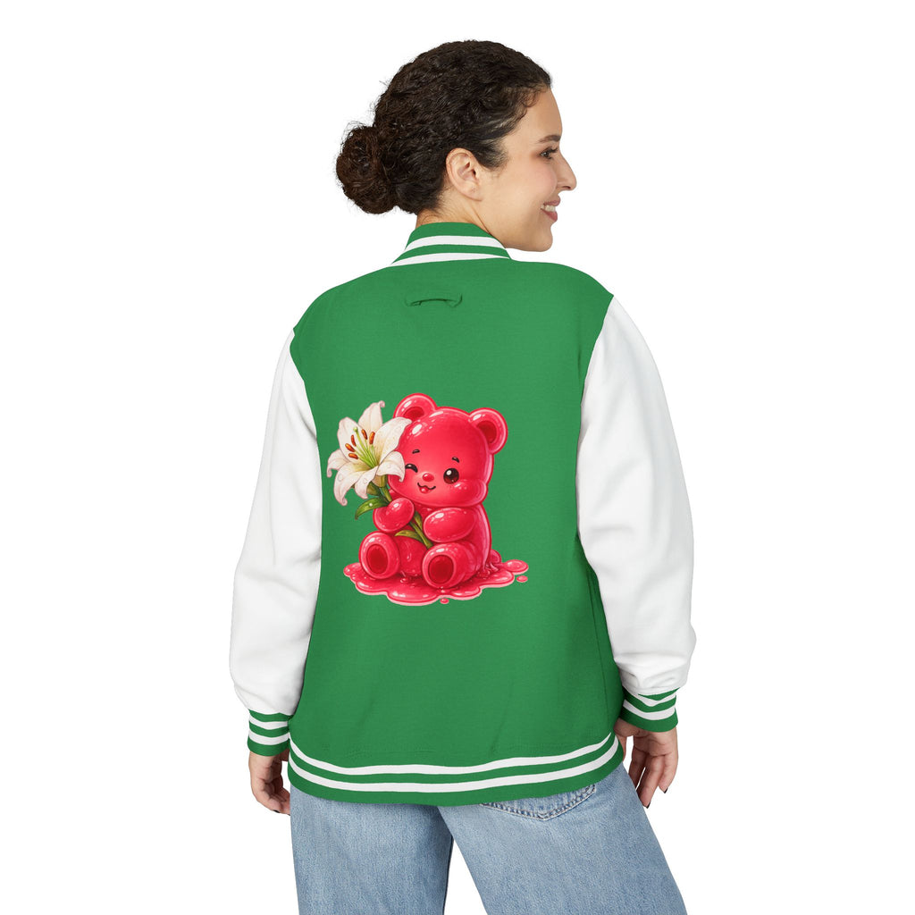 White Lilies, Red Gooey Gummy Friend — Kawaii Graphic Varsity Jacket