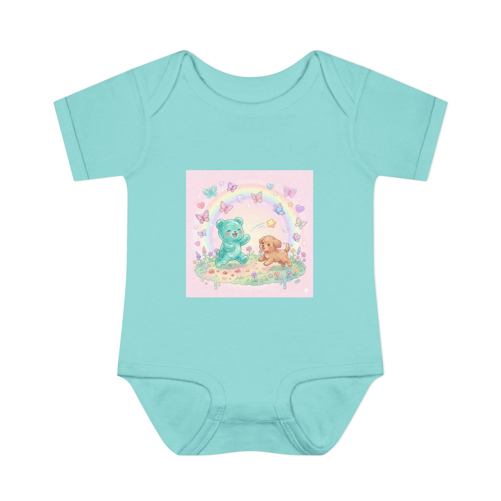 Gooey Gummy Playing Fetch with Puppy, Cute Infant Onesie