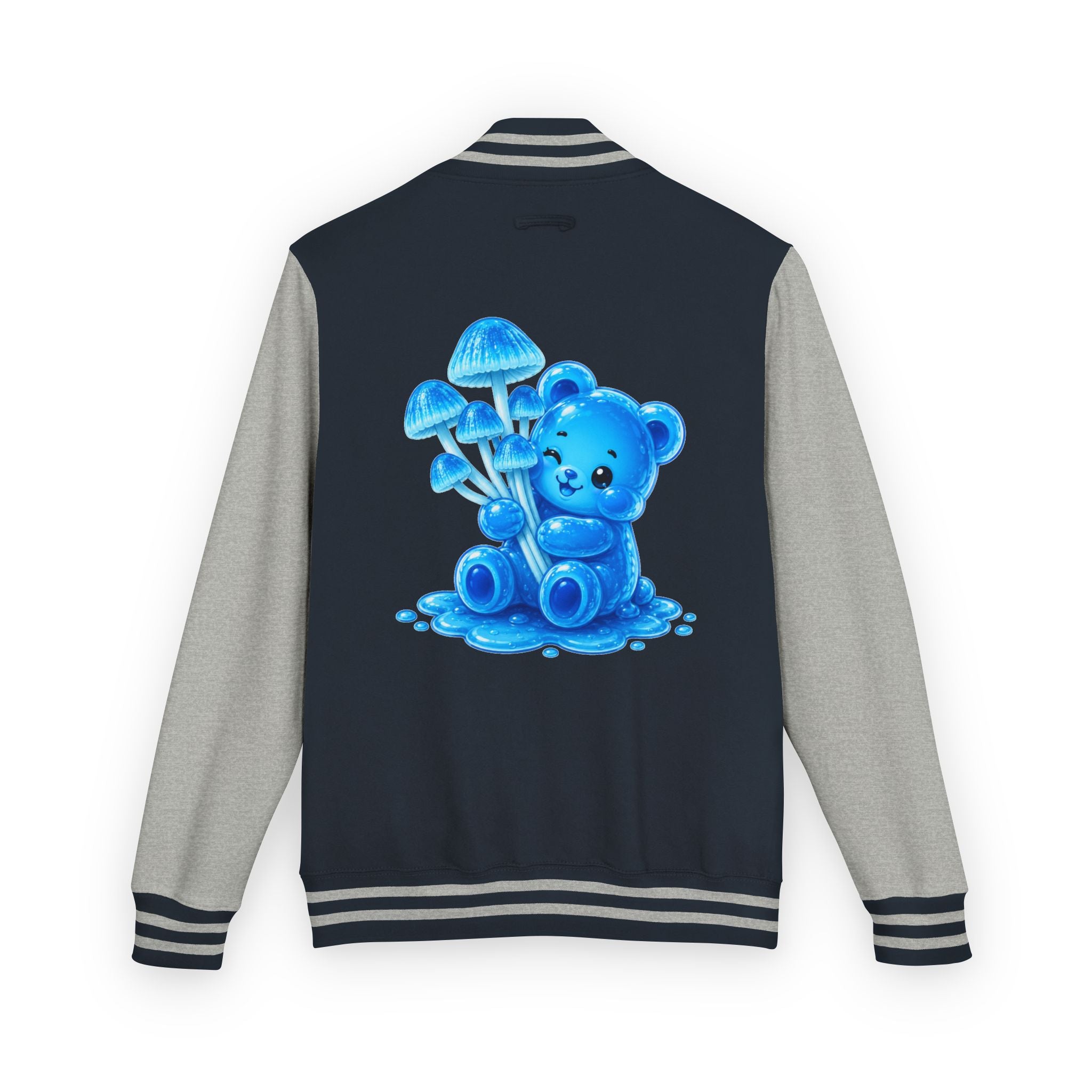 Pretty Blue Mushrooms, Gooey Gummy Bear Friend — Kawaii Graphic Varsity Jacket