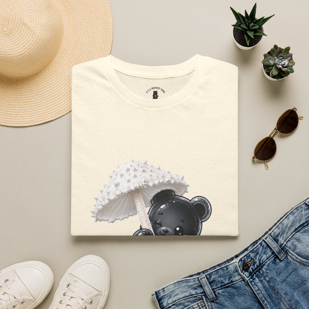 Beautiful Veiled White Mushroom, Black Oozy Bear Gummy Friend- Graphic Shirt
