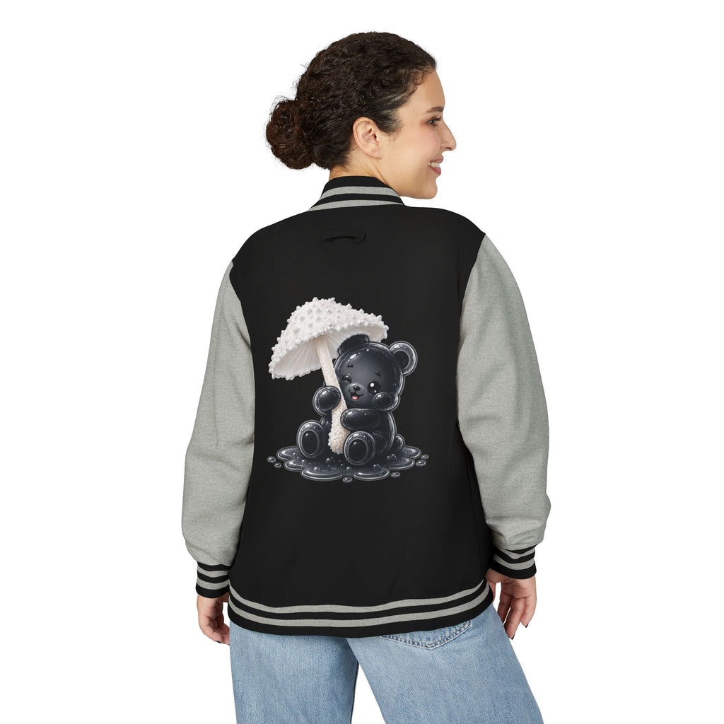 White Mushroom Umbrella, Black Gooey Gummy Bear — Kawaii Graphic Varsity Jacket