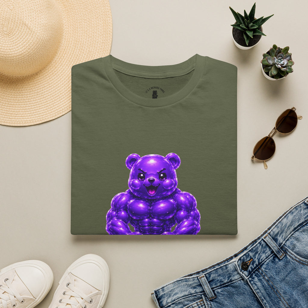 Brawny Violet Oozy Buff Bear with Kettleball Weight- Adult Graphic Shirt (18+)