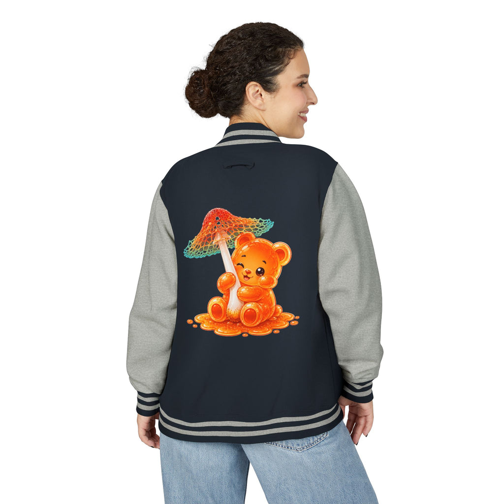 Pretty Orange and Teal Mushroom, Gooey Gummy Bear Friend — Kawaii Graphic Varsity Jacket