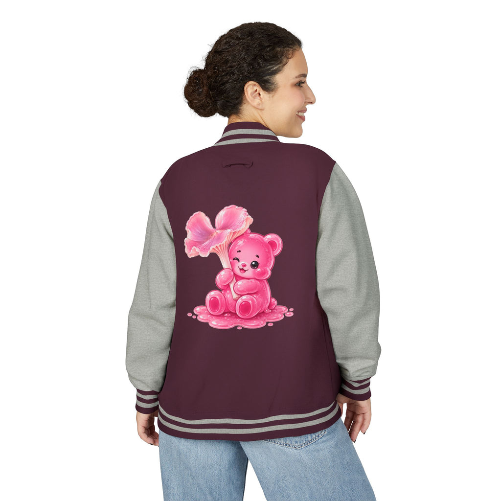 Pink Wax Cap Mushroom, Gooey Gummy Bear Friend — Kawaii Graphic Varsity Jacket