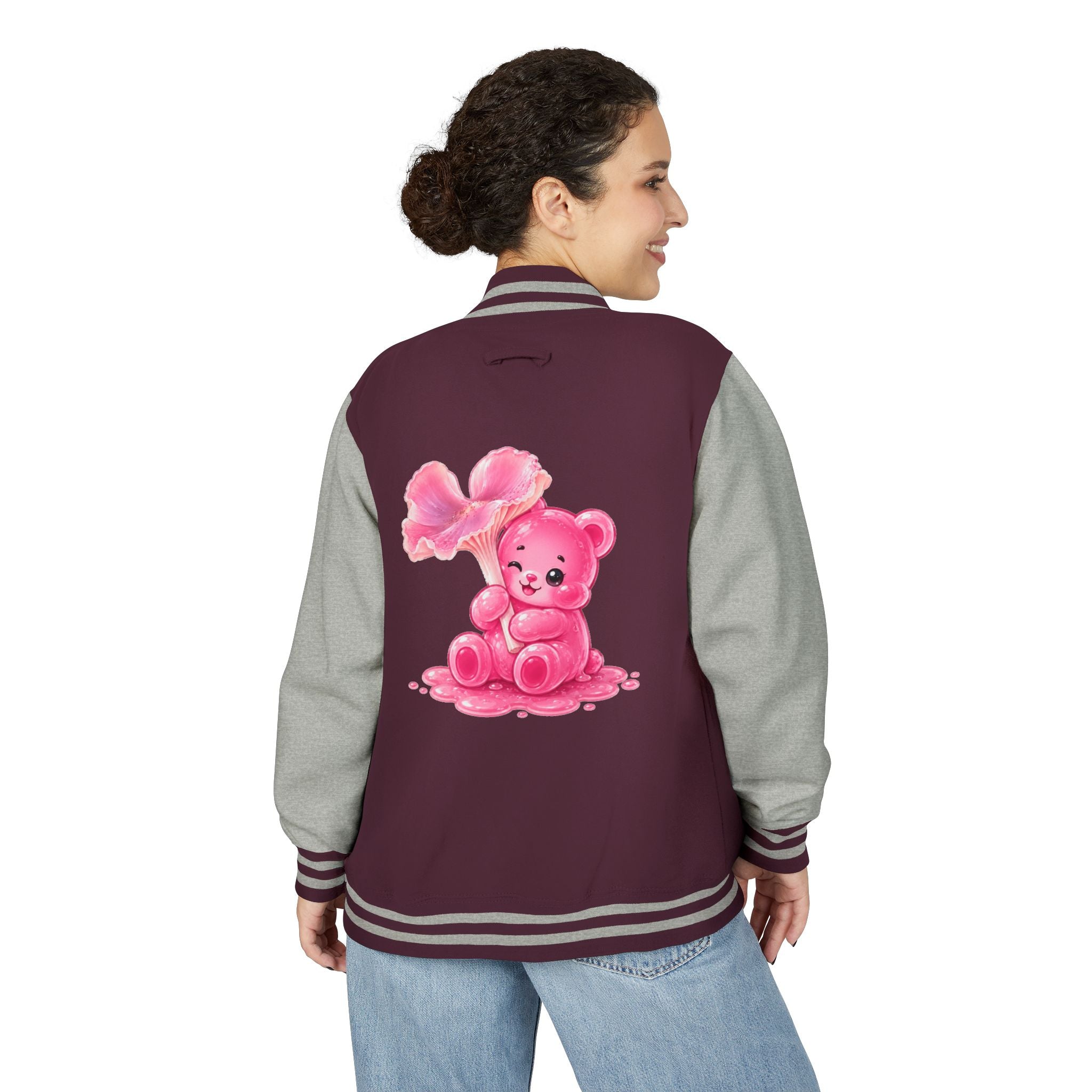 Pink Wax Cap Mushroom, Gooey Gummy Bear Friend — Kawaii Graphic Varsity Jacket