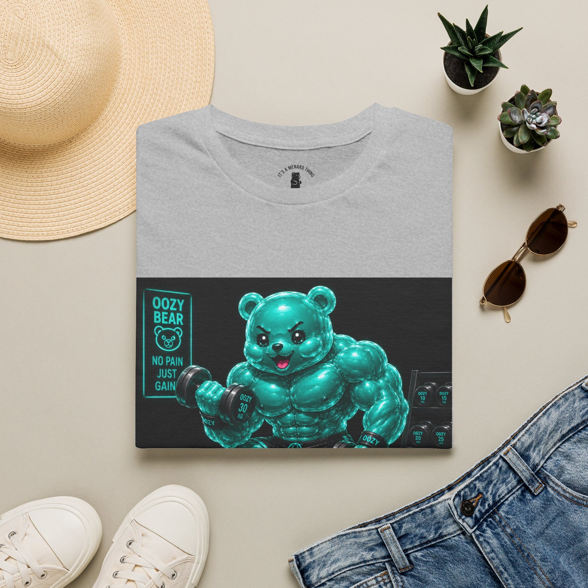 Working Out, Teal Oozy Buff Bear Gummy Gym Addition- Adult Graphic Shirt