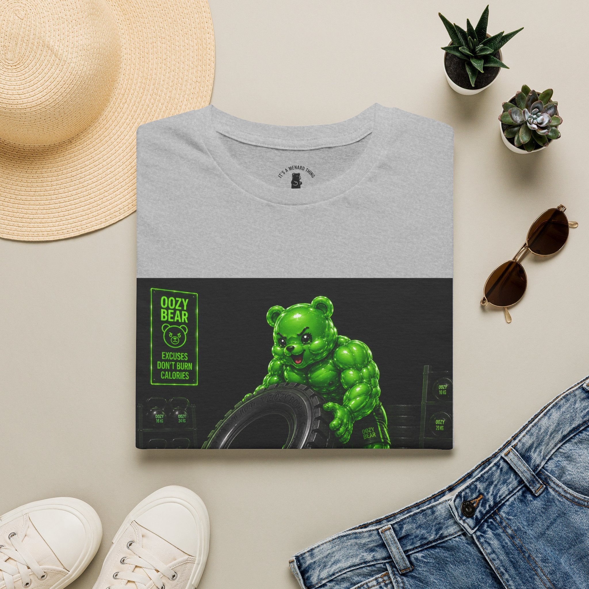 Tire Flipping Work Out, Emerald Oozy Buff Bear Gym Addition- Adult Graphic Shirt