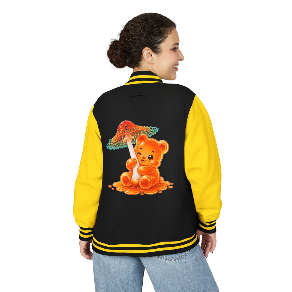 Pretty Orange and Teal Mushroom, Gooey Gummy Bear Friend — Kawaii Graphic Varsity Jacket