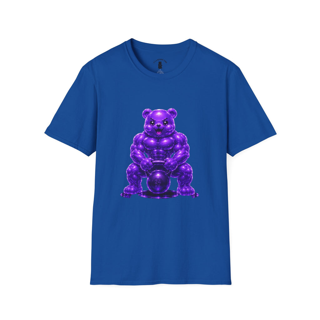 Brawny Violet Oozy Buff Bear with Kettleball Weight- Adult Graphic Shirt (18+)