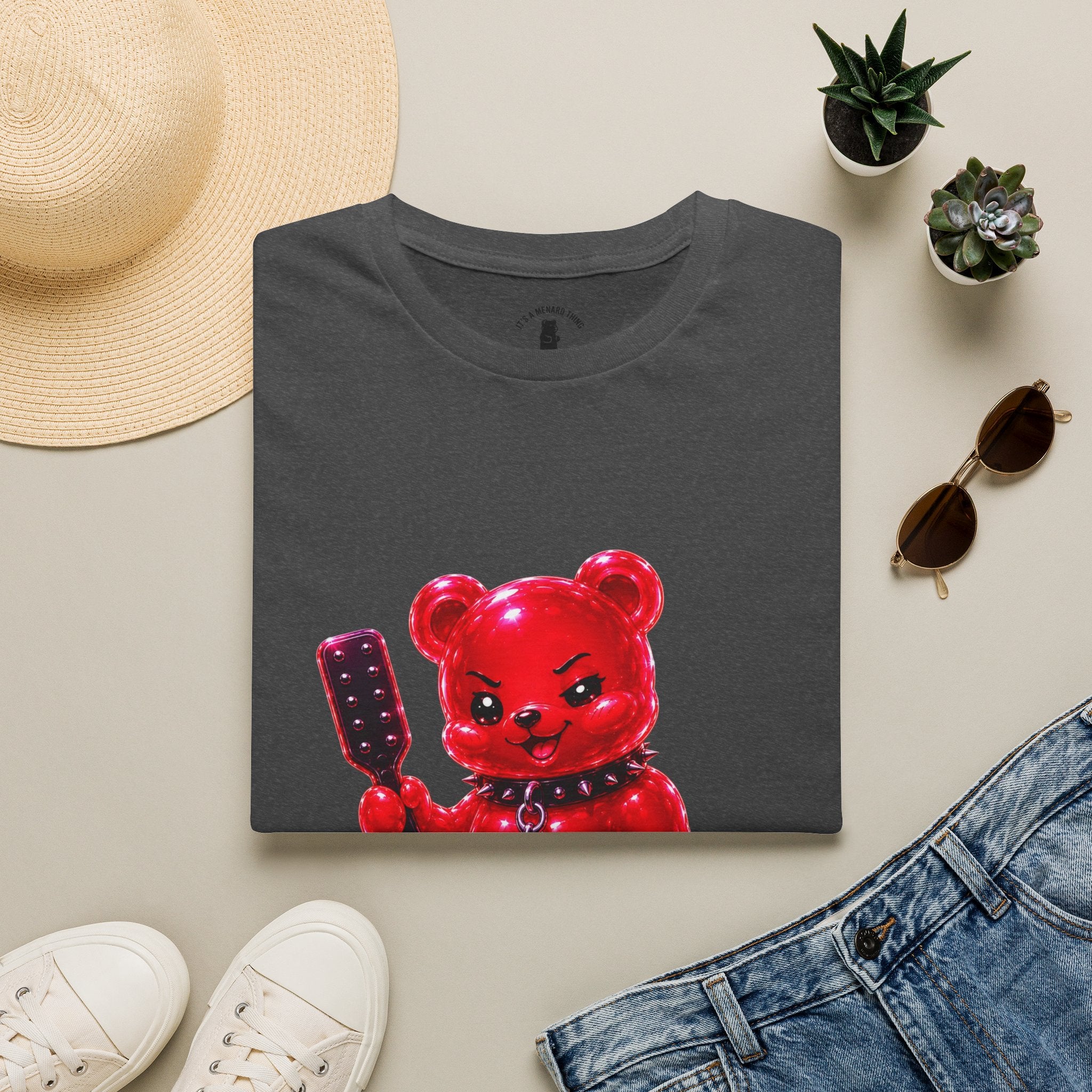 Crimson Red Oozy Bear Gummy Freak with Spank Paddle- Graphic Shirt (Adult Only!)