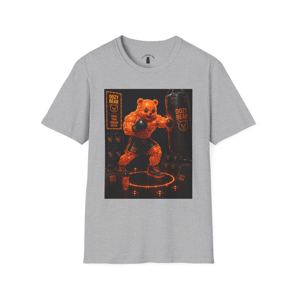 Retro Fighting Ring Workout, Orange Oozy Buff Bear Gummy Gym Addition- Adult Graphic Shirt