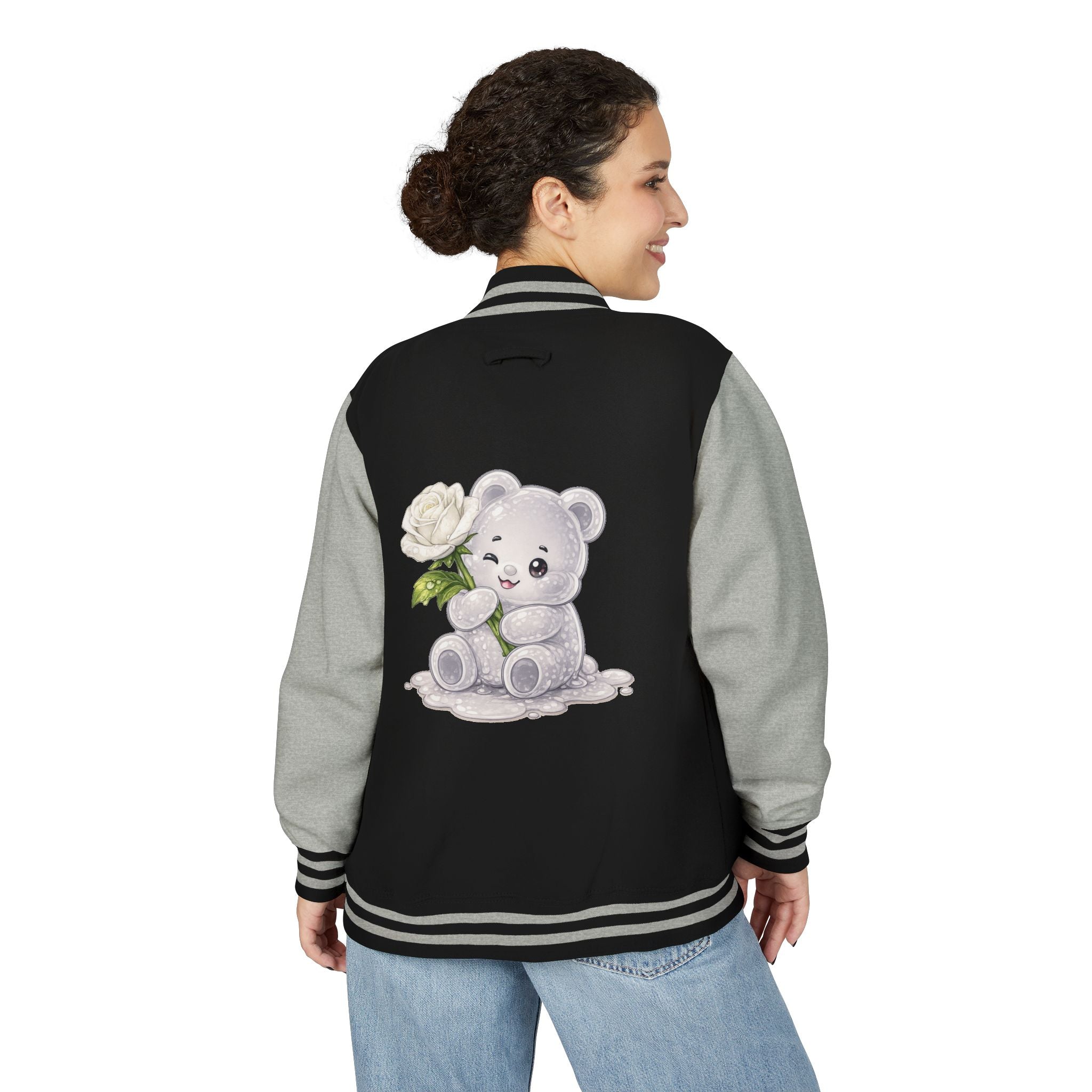 Blooming White Rose, Gooey Gummy Bear Friend- Kawaii Graphic Jacket