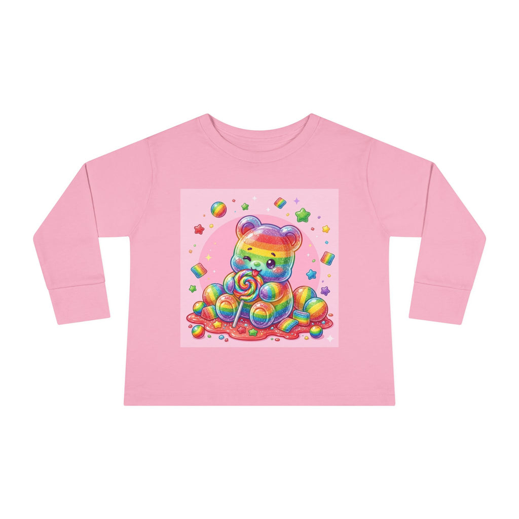 Rainbow Stripe Oozy Bear Gummy Special- Kids Graphic Long Sleeve Shirt