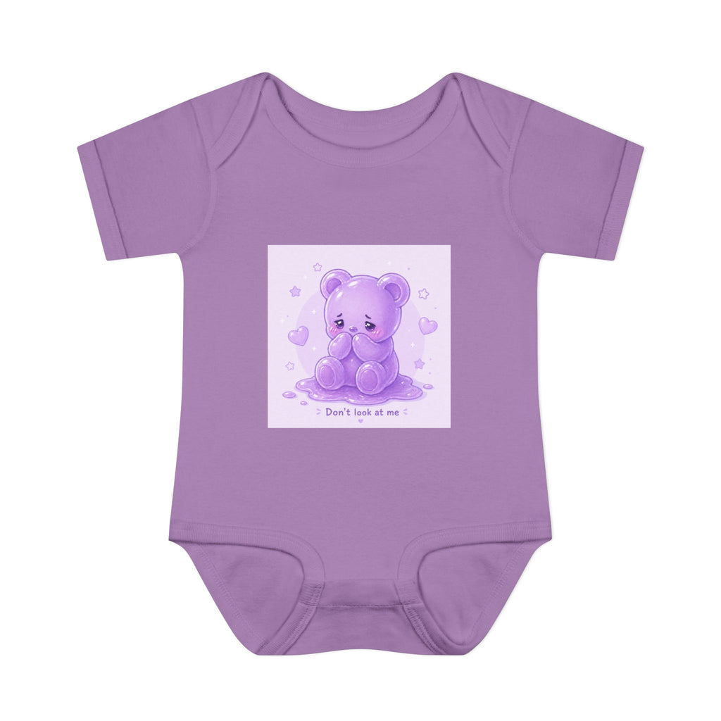 Purple Gooey Gummy Shy bear Baby Bodysuit - "Don't Look at Me" Cute Infant Onesie