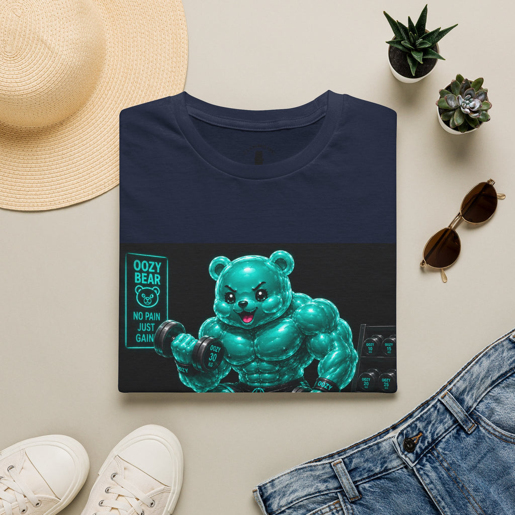 Working Out, Teal Oozy Buff Bear Gummy Gym Addition- Adult Graphic Shirt