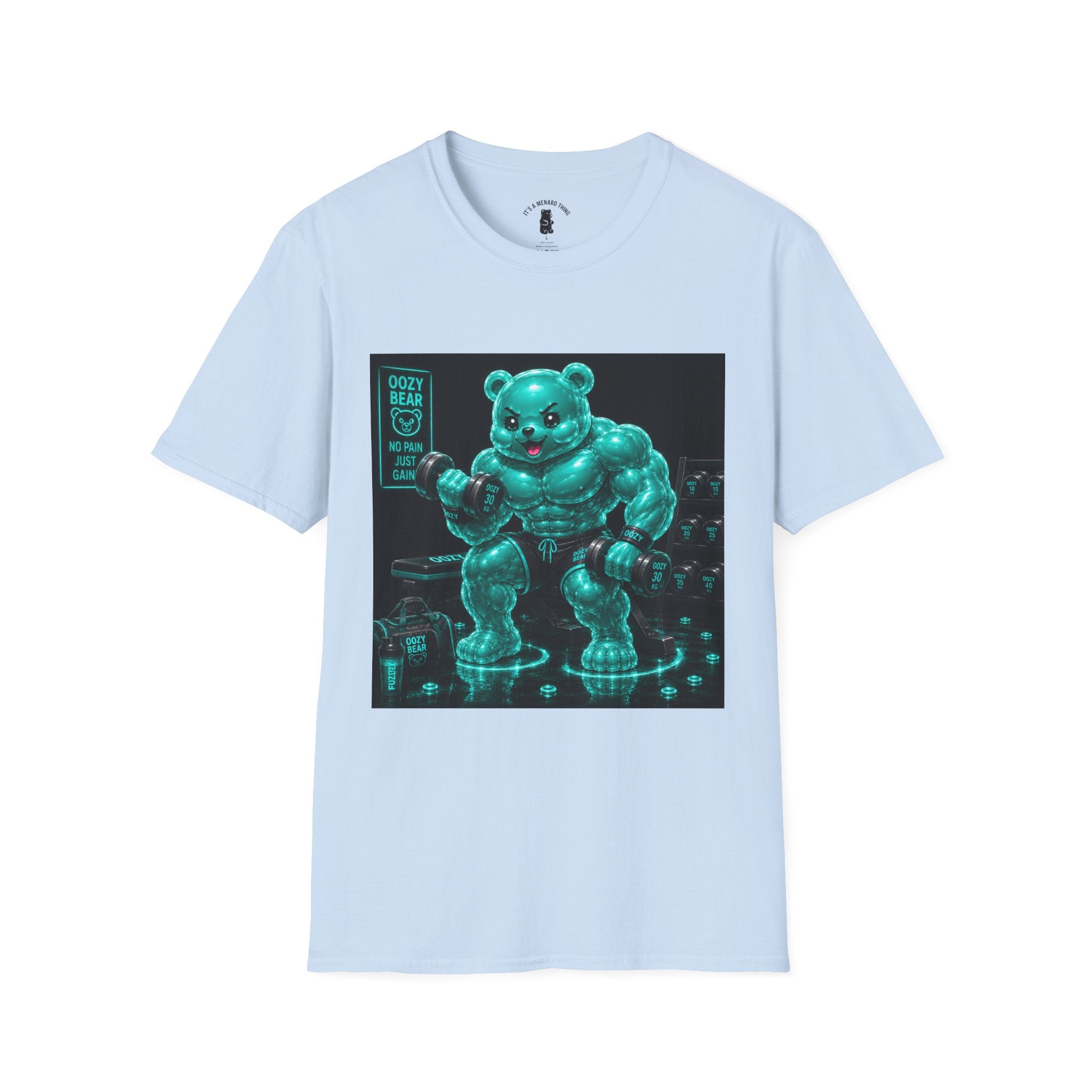 Working Out, Teal Oozy Buff Bear Gummy Gym Addition- Adult Graphic Shirt