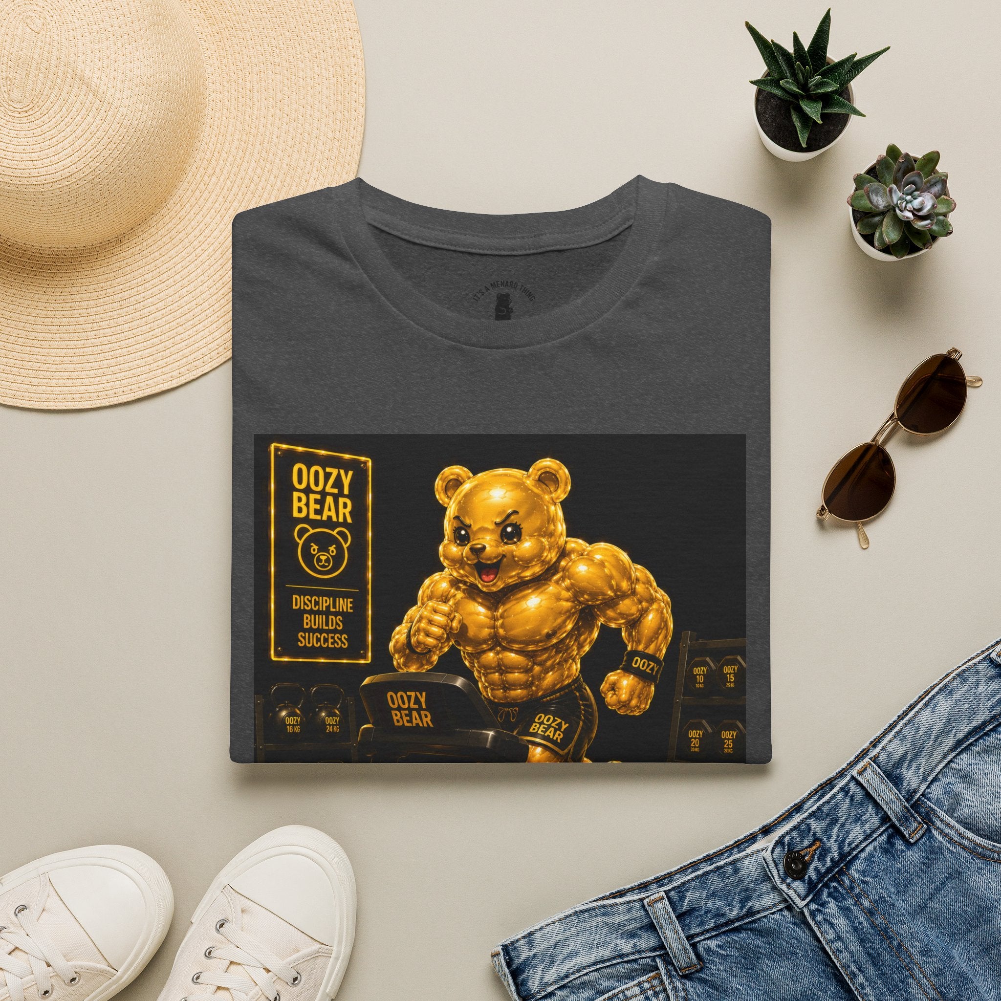 Running The Treadmill, Golden Yellow Oozy Buff Bear Workout- Adult Graphic Shirt