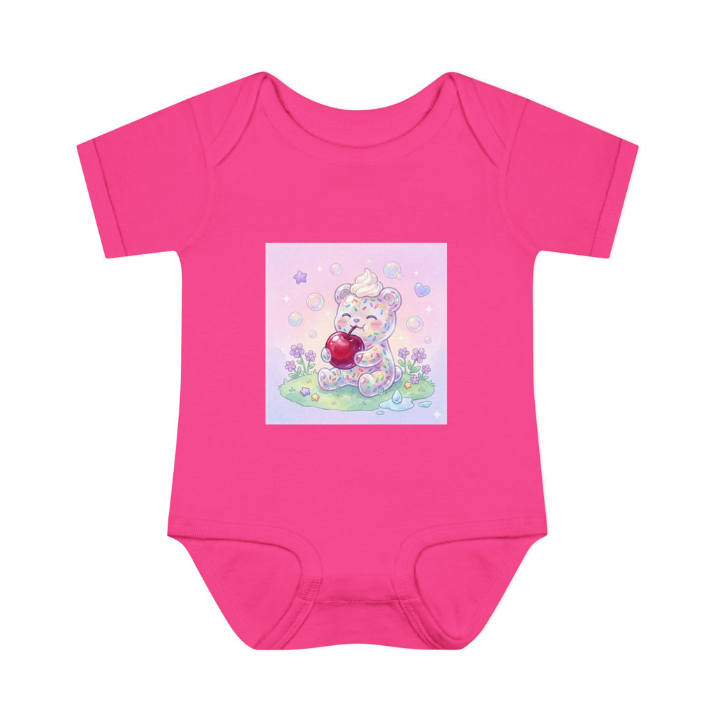Gooey Gummy Birthday Sprinkles Cake bear eating a Cherry- Infant Onesie