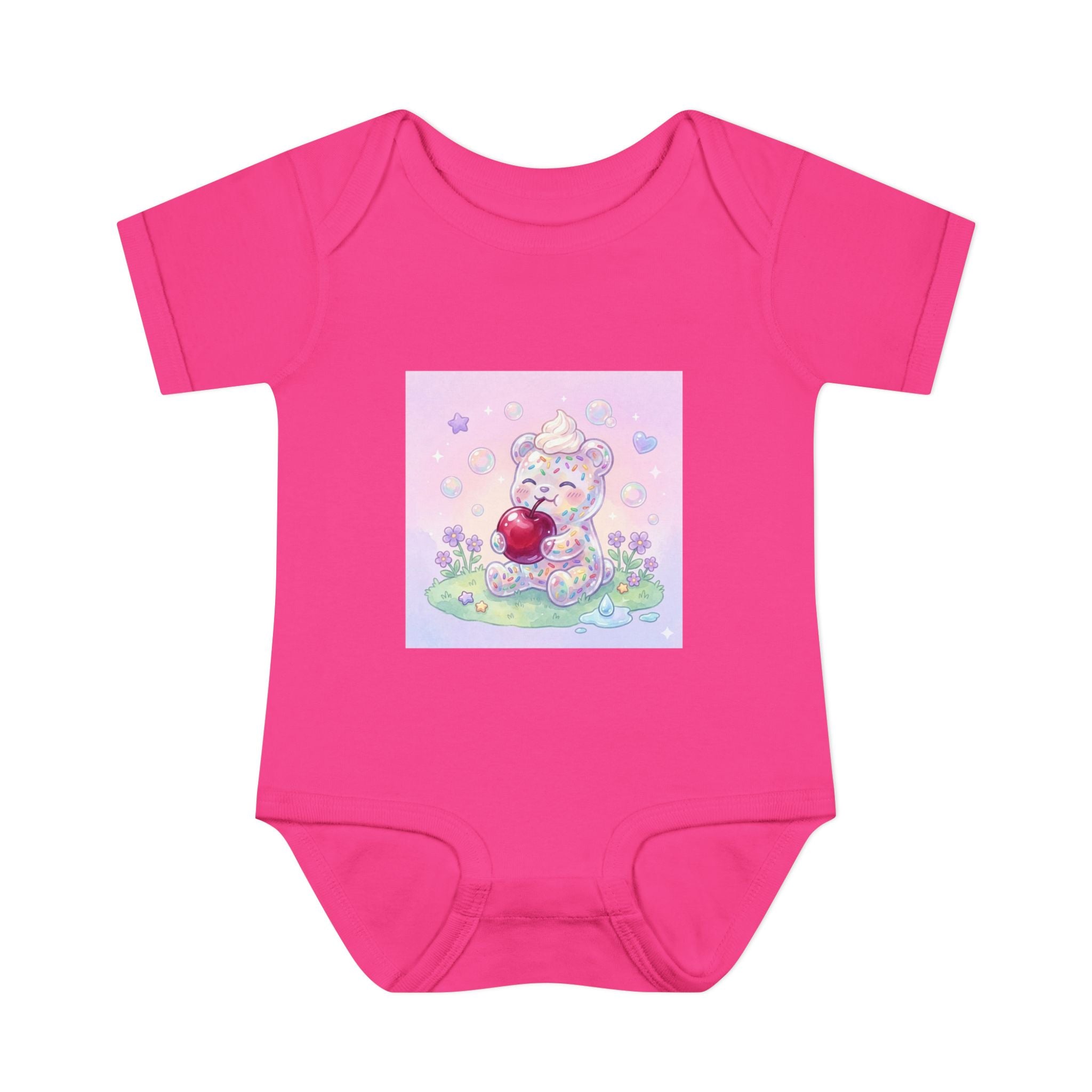 Gooey Gummy Birthday Sprinkles Cake bear eating a Cherry- Infant Onesie