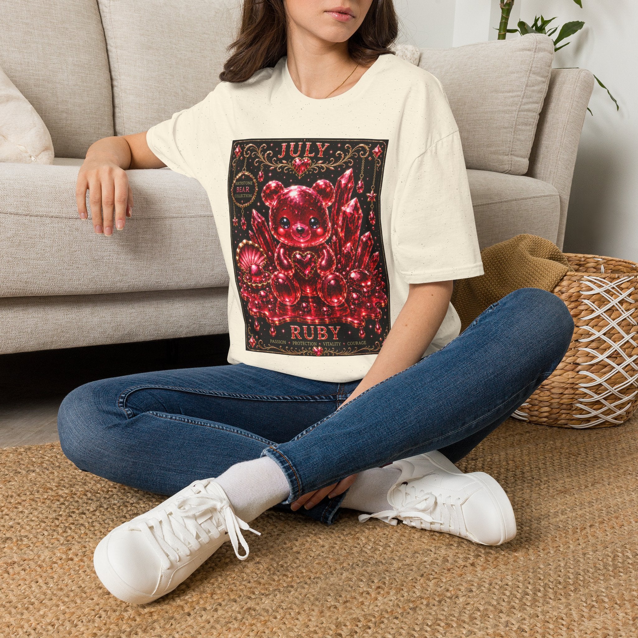 July Ruby Crystal Oozy Bear Birth Month Gemstone Addition- Graphic Shirt