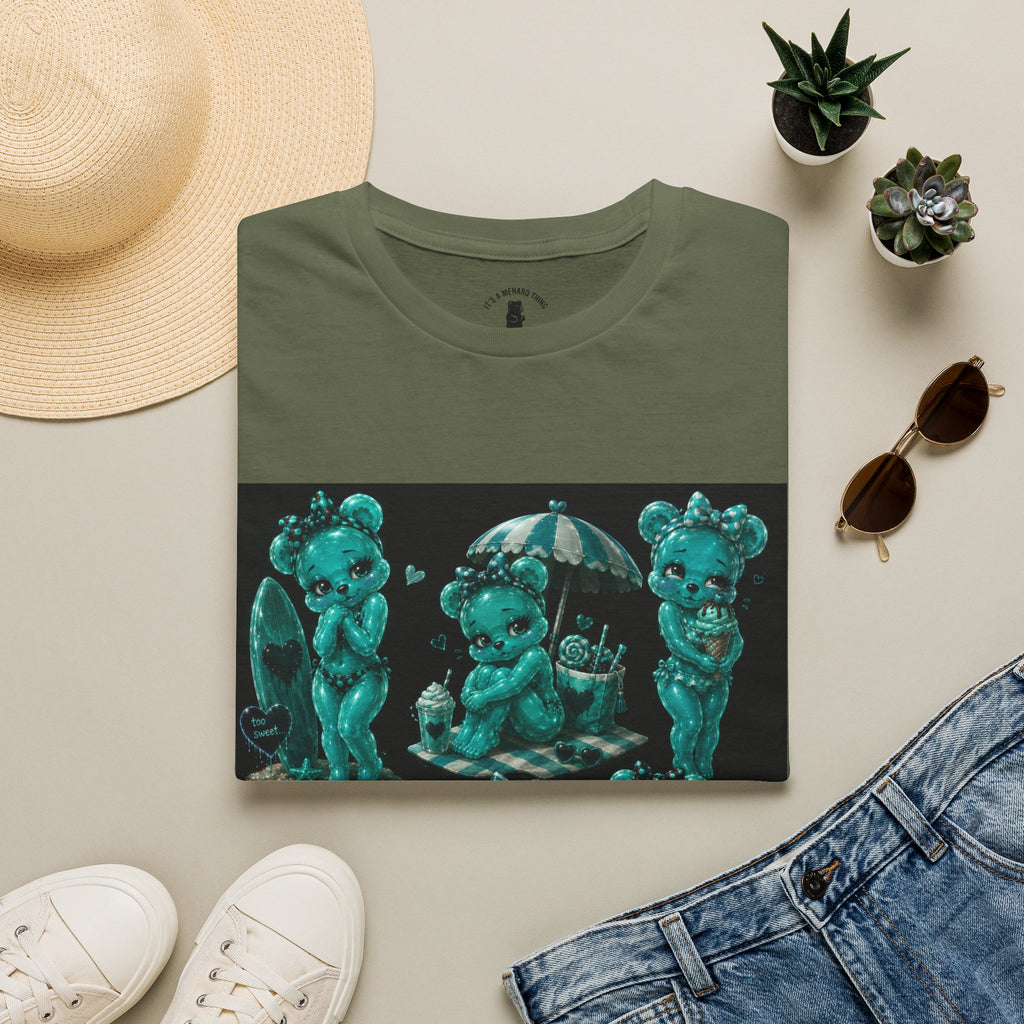 Kawaii Shy Teal Beach Babe Oozy Bear Gummy Pin Up- Adult Graphic Shirt (18+)