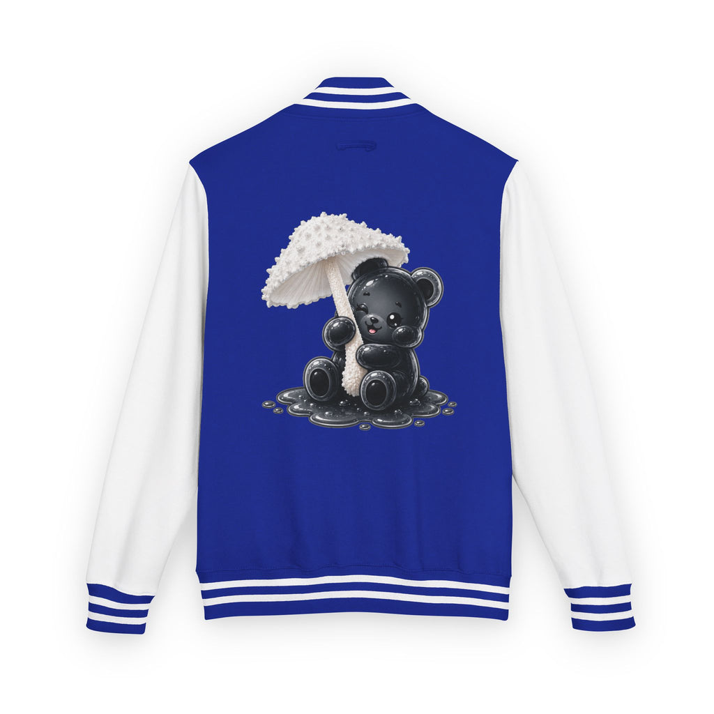 White Mushroom Umbrella, Black Gooey Gummy Bear — Kawaii Graphic Varsity Jacket