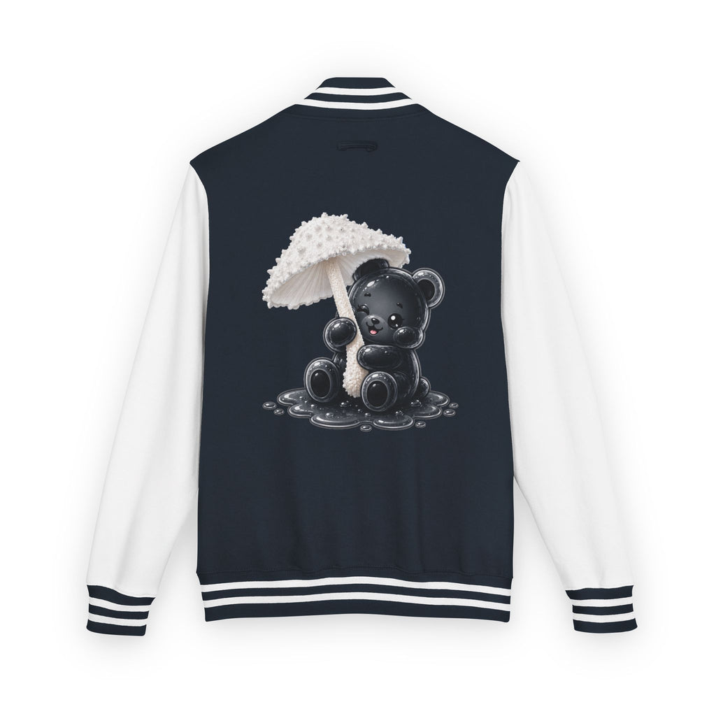 White Mushroom Umbrella, Black Gooey Gummy Bear — Kawaii Graphic Varsity Jacket