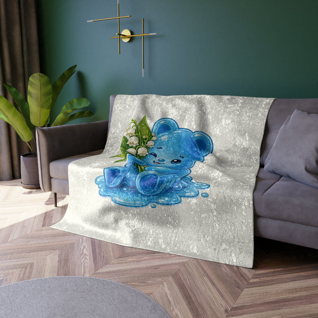 Crushed Velvet Blanket - Blue Gummy Bear Holding Lily of the Valley Plush Throw