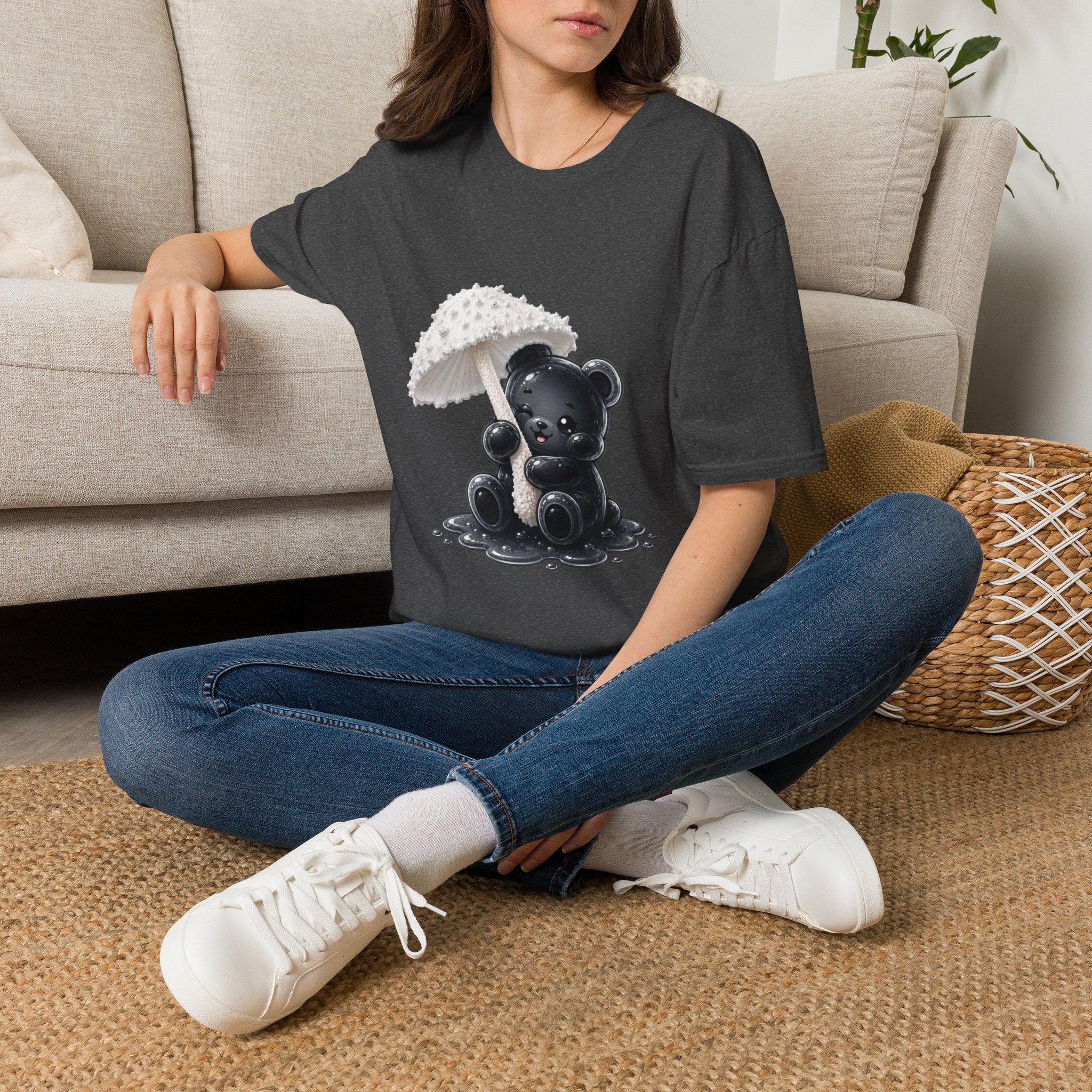 Beautiful Veiled White Mushroom, Black Oozy Bear Gummy Friend- Graphic Shirt
