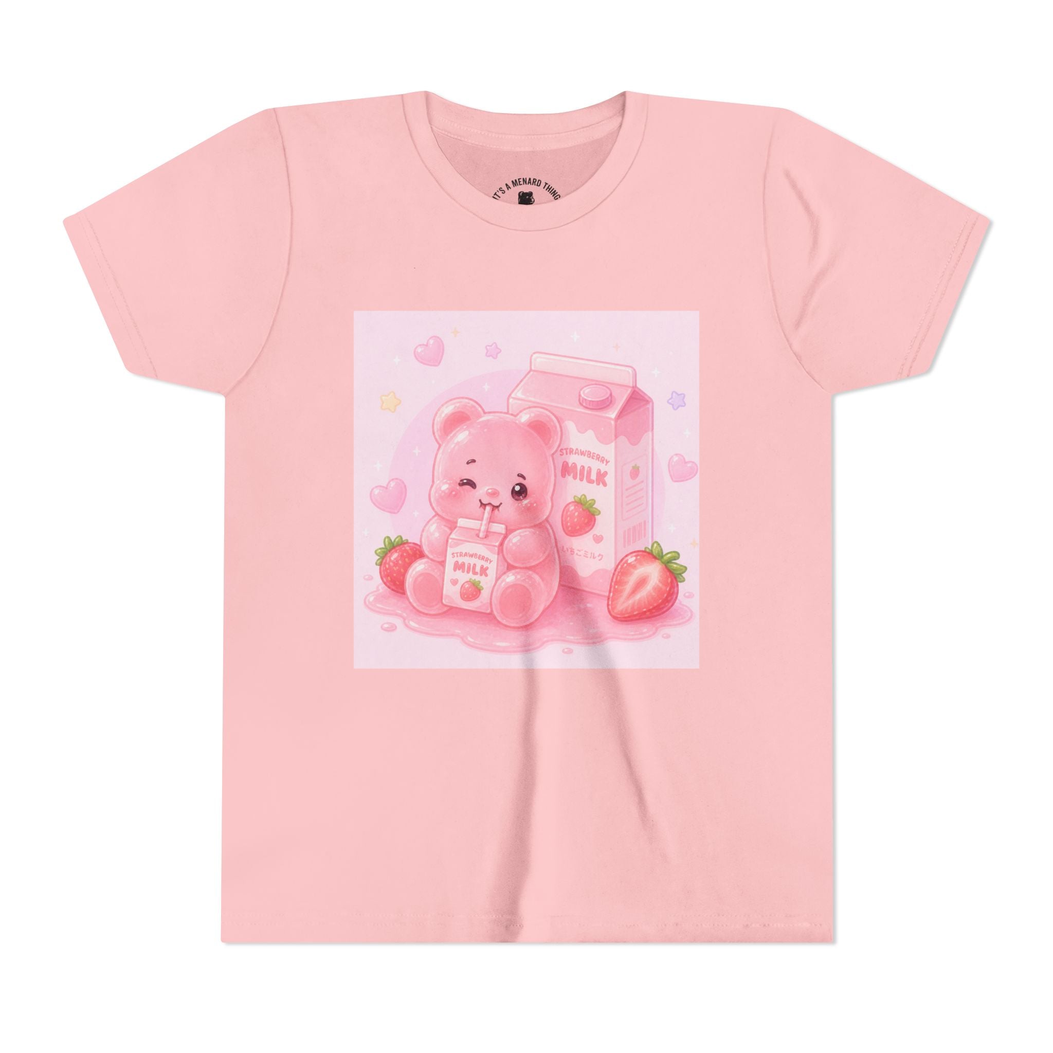 Kids' Pink Strawberry Milk Gooey Gummy Bear— Cute Youth Short Sleeve Shirt