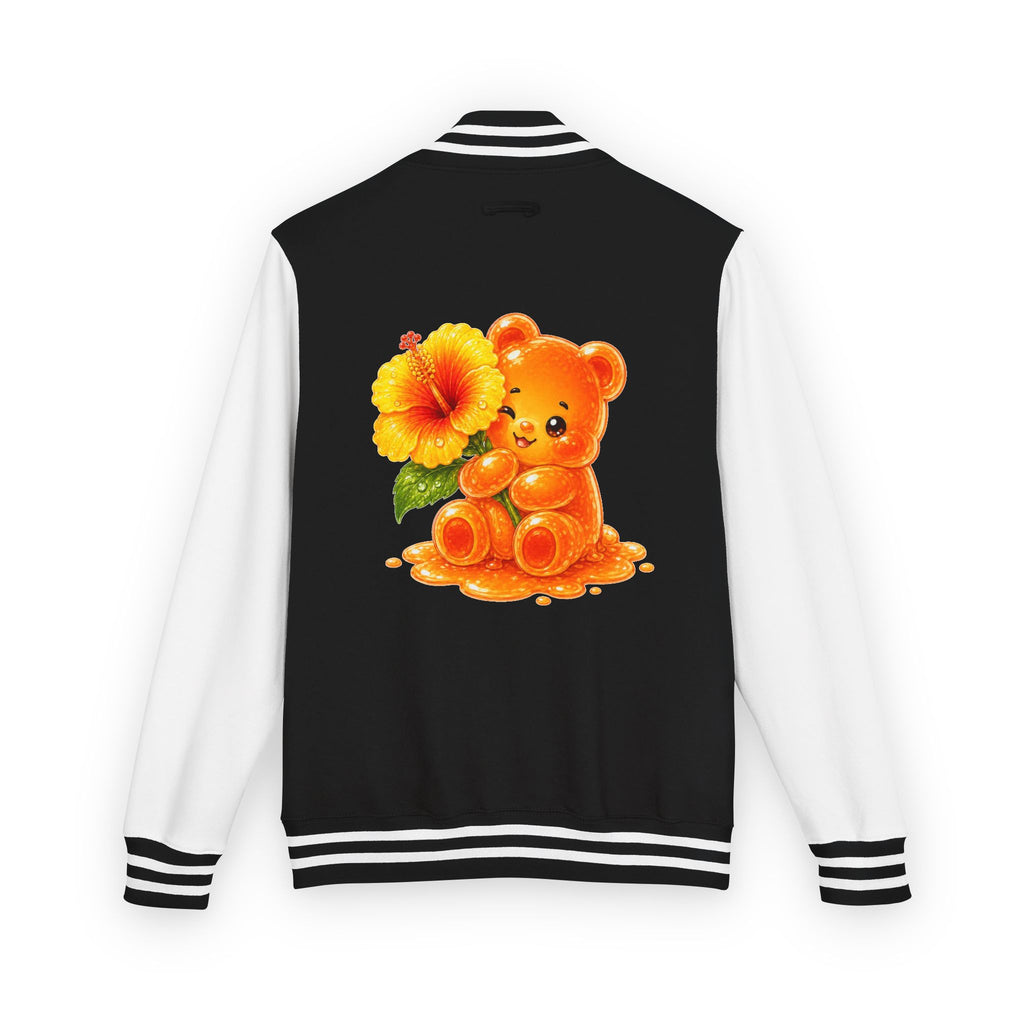 Golden Hibiscus, Yellow Gooey Gummy Bear Friend- Kawaii Varsity Jacket