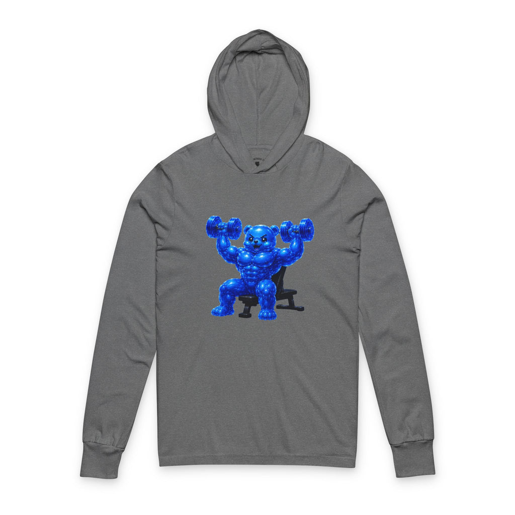 Lifting Weights, Deep Blue Oozy Buff Bear Gummy Gym Addition- Adult Graphic Sweatshirt
