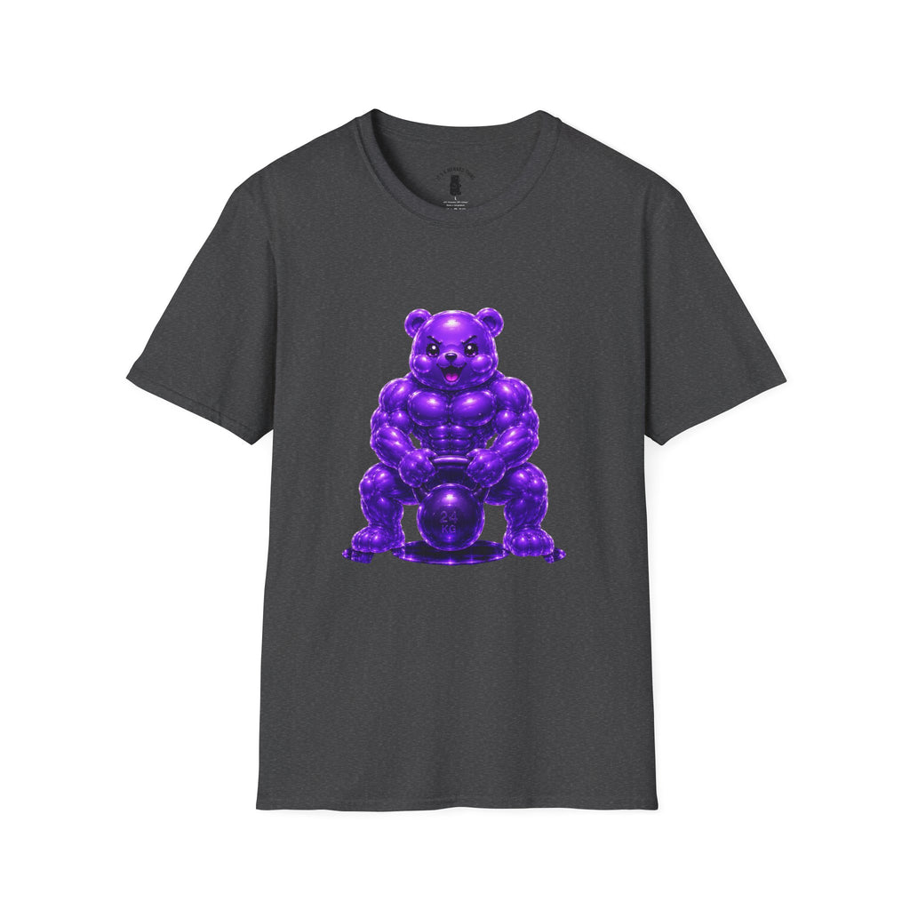Brawny Violet Oozy Buff Bear with Kettleball Weight- Adult Graphic Shirt (18+)