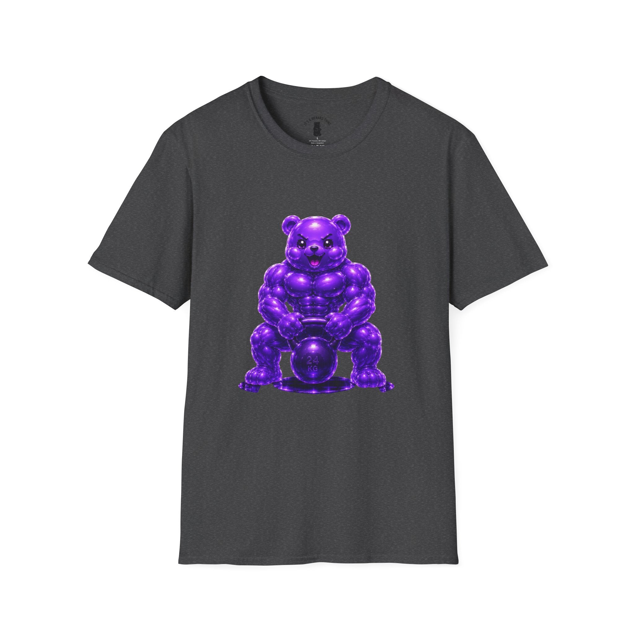 Brawny Violet Oozy Buff Bear with Kettleball Weight- Adult Graphic Shirt (18+)