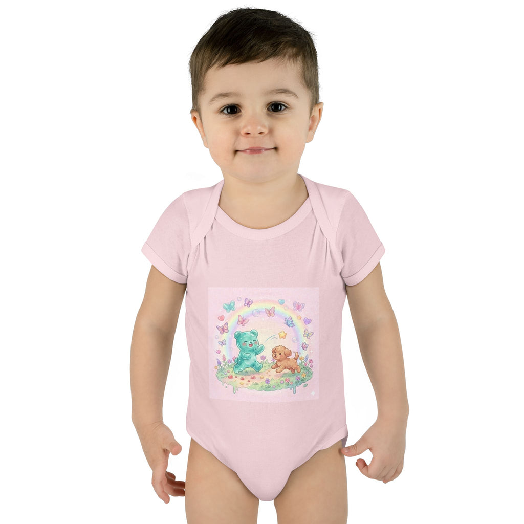 Gooey Gummy Playing Fetch with Puppy, Cute Infant Onesie
