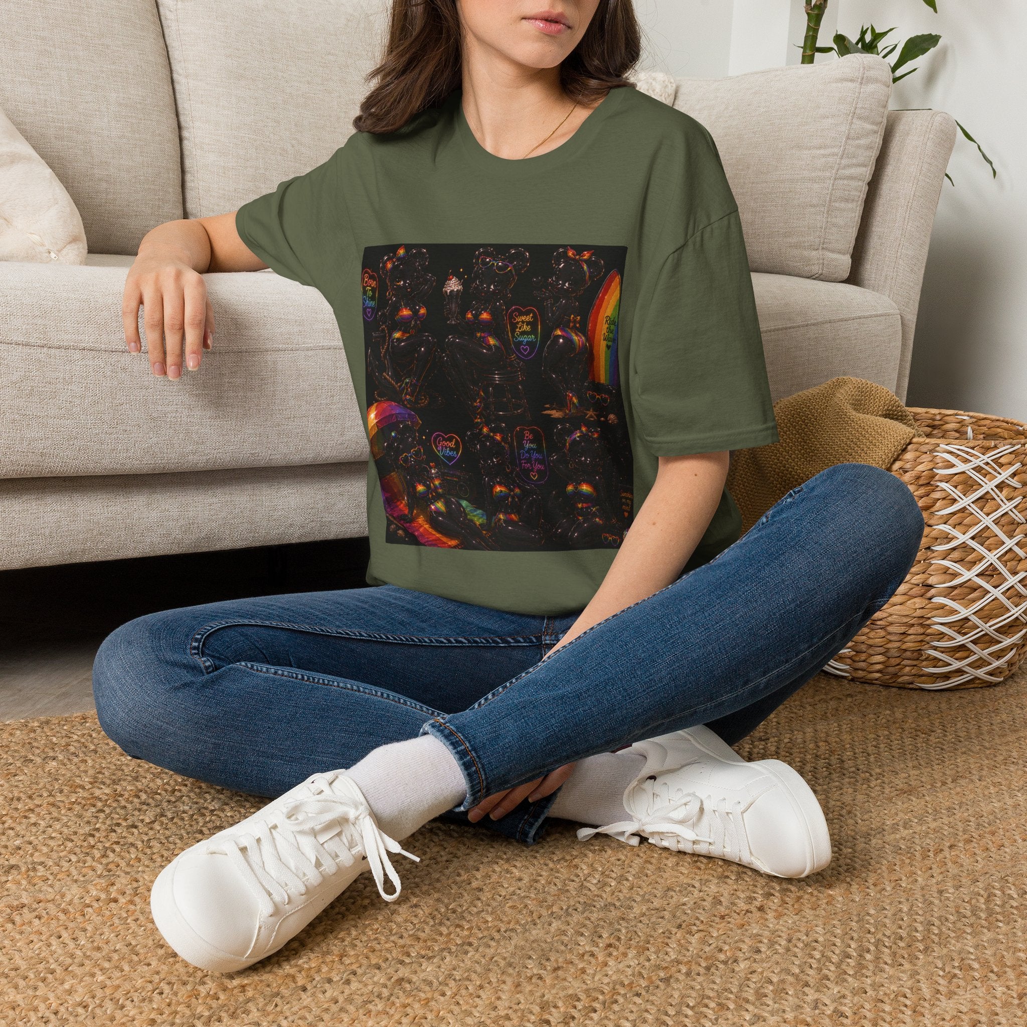 Black & Rainbow Special Addition Oozy Bear Beach Babe Pin Up- Adult Graphic Shirt (18+)
