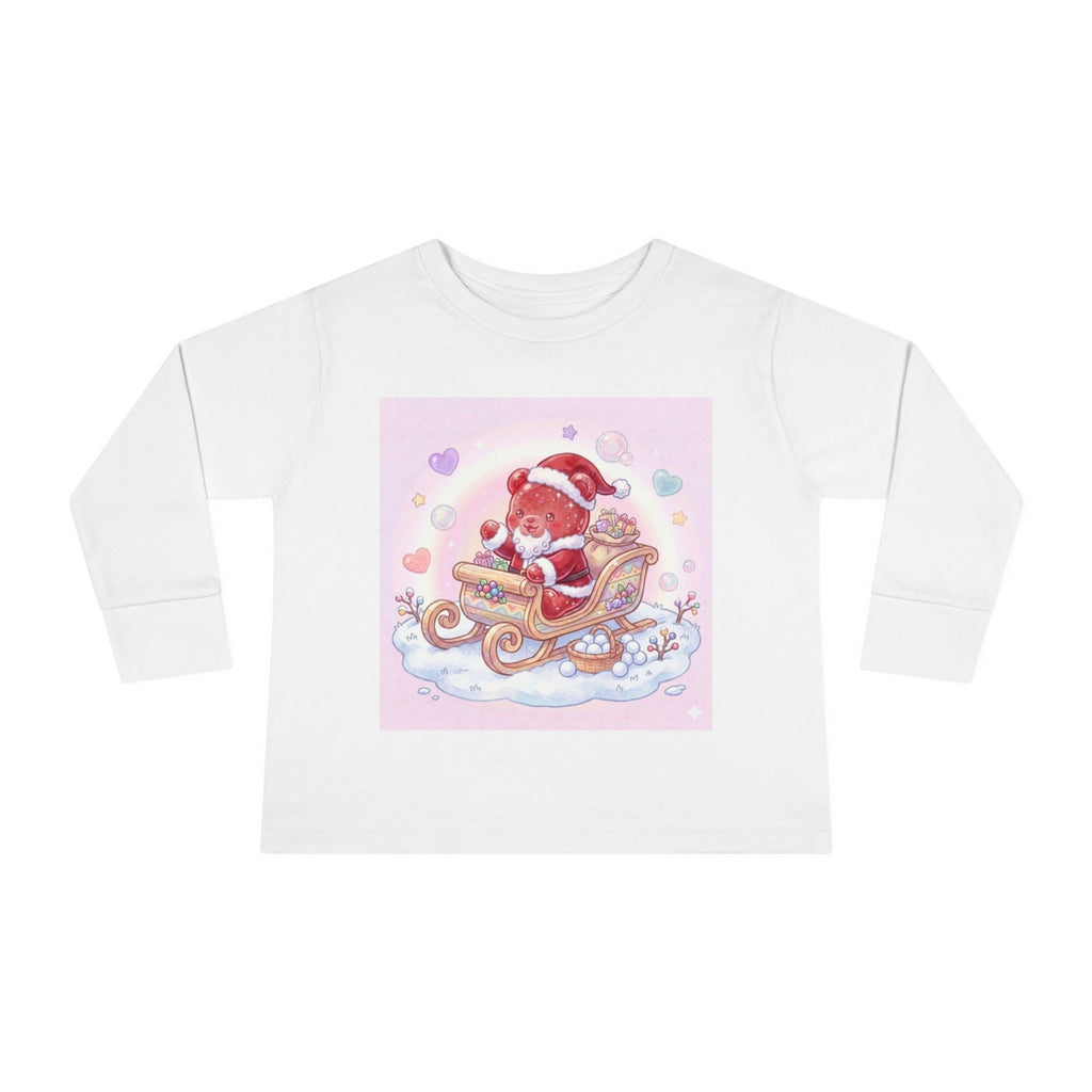 Cute Santa Oozy Bear in Sleigh Christmas- Graphic Long Sleeve Shirt