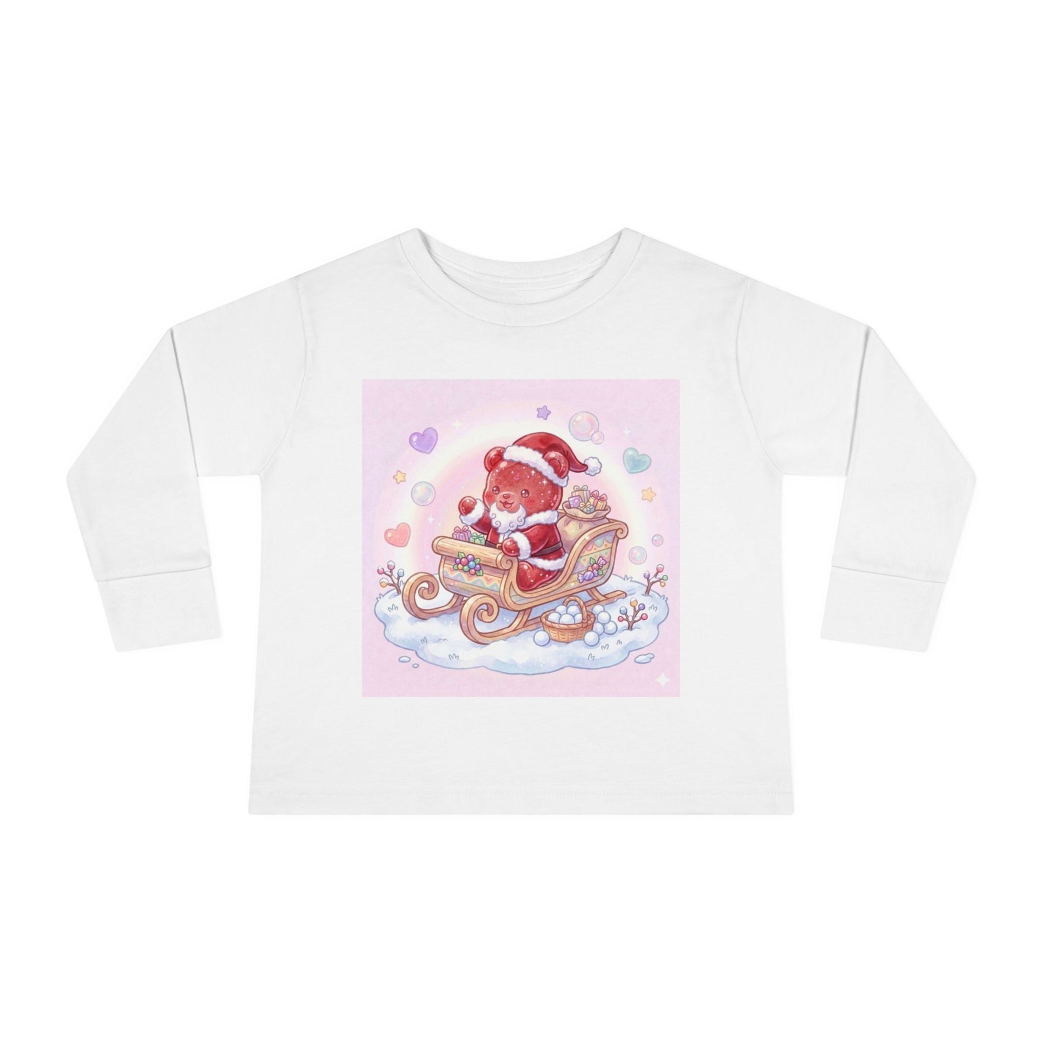 Cute Santa Oozy Bear in Sleigh Christmas- Graphic Long Sleeve Shirt