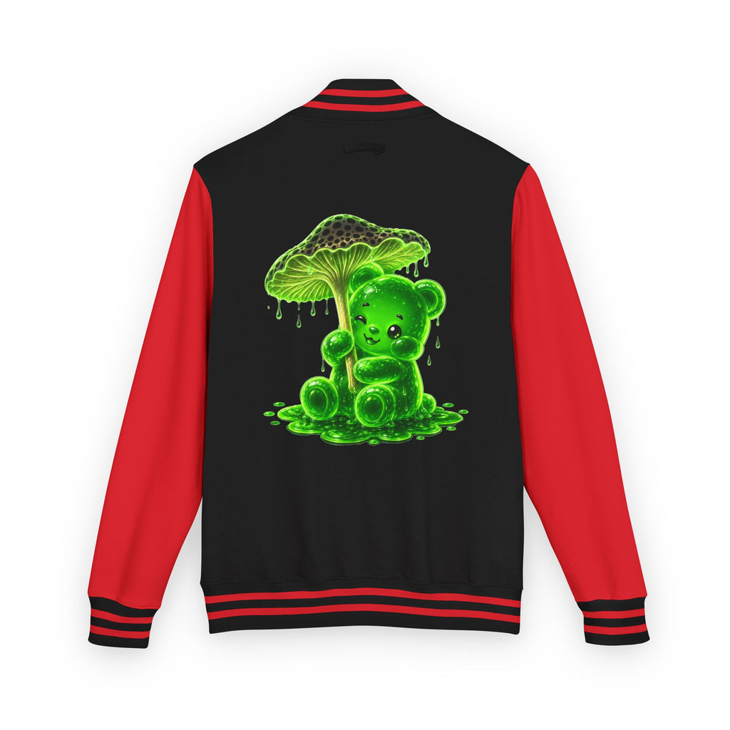 Glowing Green Mushroom, Gooey Gummy Bear Friend — Kawaii Graphic Varsity Jacket