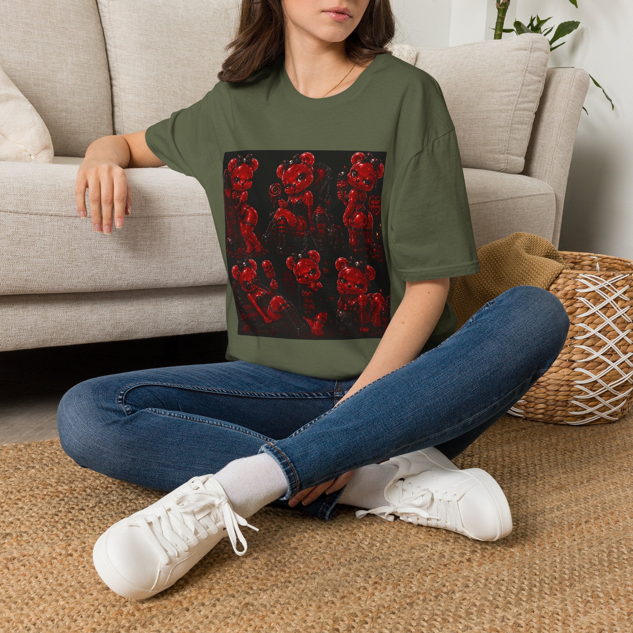 Punk Retro Crimson Red Oozy Bear Babe, Beach Pin Up Addition- Adult Graphic Shirt (18+)