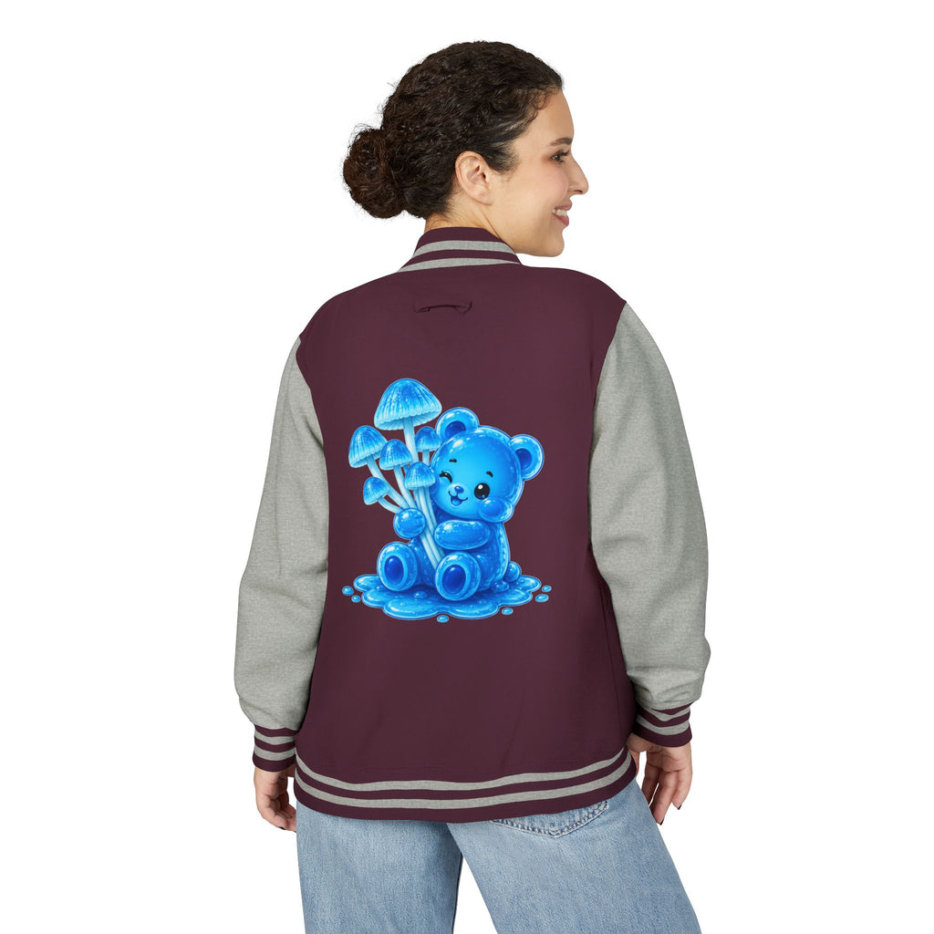 Pretty Blue Mushrooms, Gooey Gummy Bear Friend — Kawaii Graphic Varsity Jacket