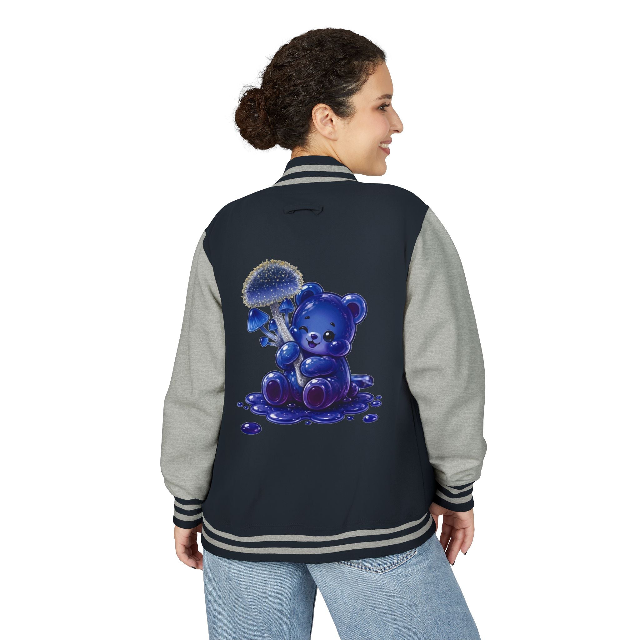 Sparkling Blue Mushroom Cluster, Oozy Bear Friends- Letterman Graphic Jacket
